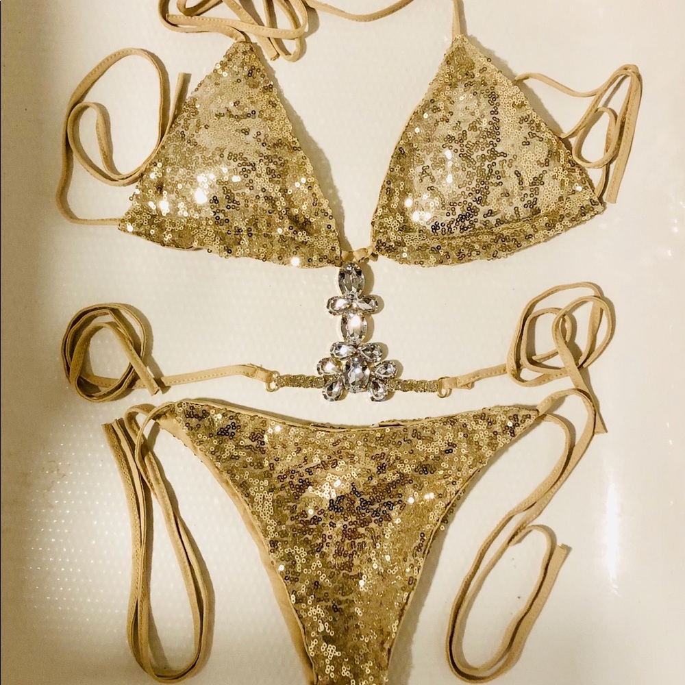 NWT competition bikini gold Sequin Rhinestone crystal gorgeous sexy bikini FIRM - Picture 2 of 10